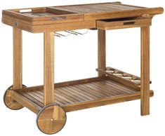 a wooden cart with two drawers and wheels on the bottom shelf is shown against a white background