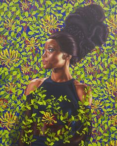 a painting of a woman with her hair in a bun, surrounded by green leaves