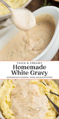 homemade white gravy is being spooned into a bowl with mashed potatoes