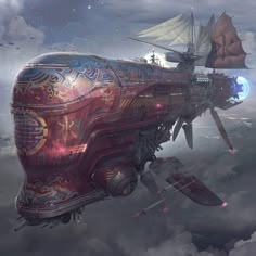 a futuristic ship floating on top of clouds