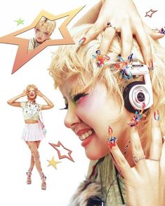 a woman with headphones and stars on her face is surrounded by star shaped objects