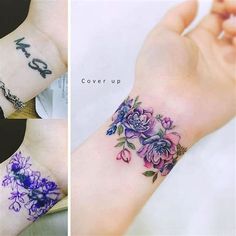 three pictures of different tattoos on the wrist and arm, one with flowers painted on it