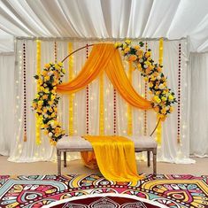 Indoor Decor For Haldi Ceremony Simple Mehendi Backdrop, Indian Backdrop Decoration, Mendhi Decor Ideas, Holud Decoration At Home, Haldi Backdrop At Home, Mehndi Decor At Home Backdrops, Indian Backdrop Ideas, Mehndi Stage Decoration At Home, Home Wedding Decorations Indian