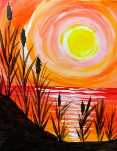 an acrylic painting of a sunset over the water with reeds in foreground