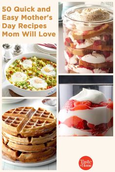 some waffles, eggs and other food items are arranged in this collage