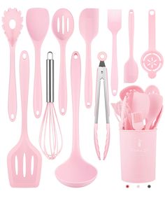 the kitchen utensils are pink in color