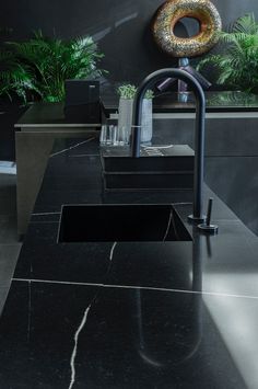 a black counter top in a kitchen next to plants