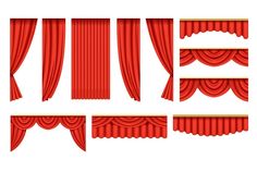 set of red curtains and drapes for the stage or theater, isolated on white background