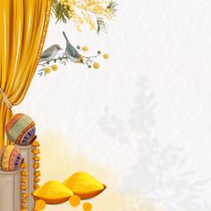 a yellow curtain and some flowers on a white background with gold trimmings in the foreground