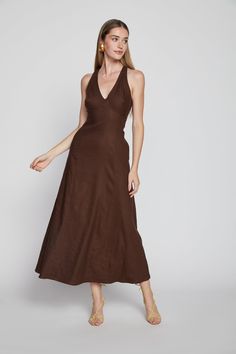 Midi length linen dress with front v-neck detail and cross back. Perfect to wear dancing or to go on holiday. A breathable fabric that's flows with every move. Brown Midi Dress, Long Sundress, Wedding Site, Going On Holiday, Jacket Brands, On Holiday, Brown Dress, White Shop, Linen Dress