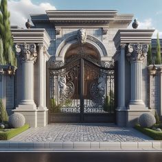 an artistic rendering of a gated entrance to a mansion with columns and arches on either side