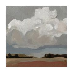 an abstract painting of clouds in the sky over a desert landscape with brown grass and trees