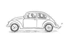 a drawing of a car with three people in the passenger seat and one person driving