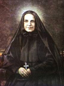 a painting of a nun holding a cross in her hands and wearing a black robe