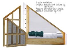 a bed sitting inside of a wooden frame next to a white sheet covered wall and window