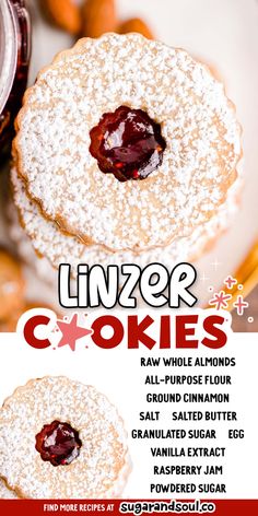 an advertisement for linzer cookies with jelly and powdered sugar