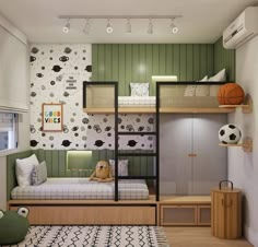 a bedroom with bunk beds and a basketball themed wallpaper on the wall behind it