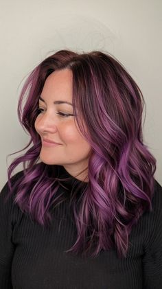 Ash And Purple Hair, Professional Purple Hair, Fun Subtle Hair Color Ideas, Brown Hair Lavender Highlights, Classy Purple Hair, Purple Money Piece Hair, Purple Balayage Hair, Hair Color Ideas Trendy, Purple Pink Hair