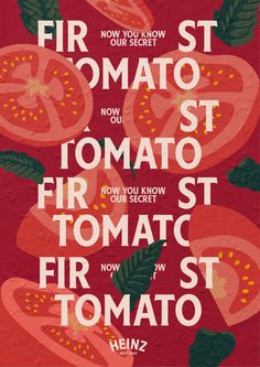 a poster with the words fire, tomato and some leaves on red paper in front of it