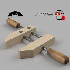 two wooden clamps are shown with the caption build plans for each piece in this video