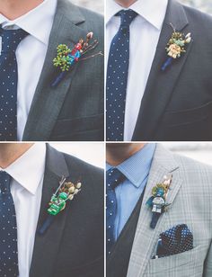 four different shots of a man wearing a suit and tie with flowers in his lapel