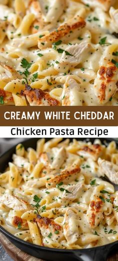 creamy white cheesy chicken pasta in a skillet