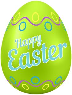 an easter egg with the words happy easter written in blue and green lettering on it