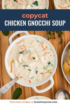 chicken gnocchi soup with potatoes and carrots in bowls on a wooden table