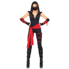 a woman wearing a black and red costume