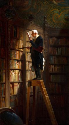 a man sitting on top of a ladder in front of a book shelf filled with books