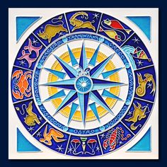 a blue and yellow compass with zodiac signs on the front, surrounded by other astrological symbols