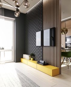 a modern living room with black and yellow accents