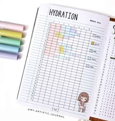 an open planner with markers on it and the words hydration written in black ink