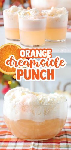 orange creamsice punch in a glass bowl with an orange slice on top