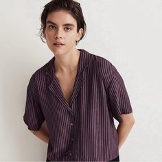 I Bought This Top Final Sale. The Material And Style Are Lovely! Purple Just Isn’t A Good Color On Me! It Is Mainly Purple With Black And Lavender Small Stripes. Beautiful Top! Purple Striped Shirt, Vacation Packing List, Packing List For Vacation, Resort Shirt, Easy Shape, Vacation Packing, Black And Purple, Madewell Denim, Resort Style