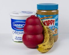 an assortment of yogurt, banana and peanut butter