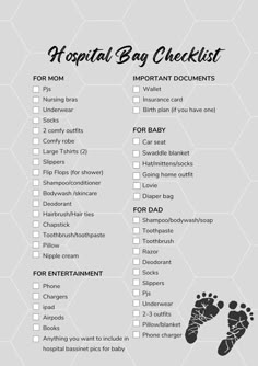 a baby shower checklist with the words hospital bag checklist written in black and white