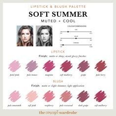 Soft Summer The Concept Wardrobe, Lipstick For Cool Summer Type, Lipstick For Summer Type, Soft Summer Color Palette Lipstick, Soft Summer Lipstick Palette, Soft Summer Blush Palette, Soft Summer Makeup Lipsticks, Soft Summer Makeup Colors, Blush For Soft Summer