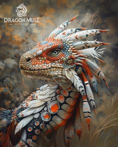 a painting of a dragon with feathers on it's head