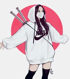 a drawing of a girl wearing a hoodie and holding two ski poles in her hands