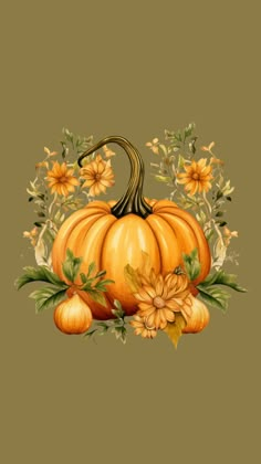 a painting of a pumpkin with flowers and leaves