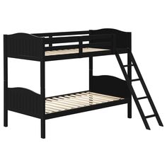 a black bunk bed with a ladder on the top and bottom level, in front of a white background