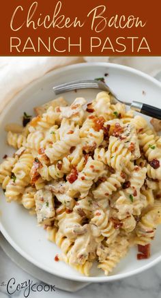 chicken bacon ranch pasta on a white plate