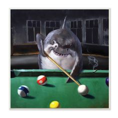 a shark is playing pool with billards in front of him and another shark has its mouth open