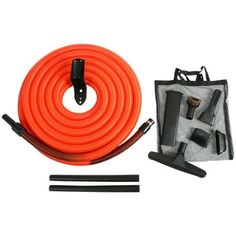 an orange fire hose and tools in a bag