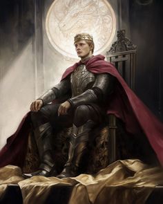 a painting of a man in armor sitting on a throne with a red cape over his head