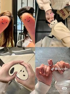 four different pictures of people with faces on their fingers