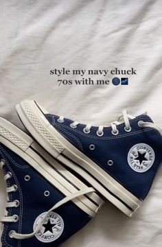 Converse Chuck 70 Navy Blue, Converse Women Shoes, Blue Aesthetic Shoes, Navy Blue Converse Outfit, Trendy Shoes For Women Sneakers, Navy Blue Outfit Aesthetic, Blue Converse Aesthetic, Shoe Inspo Aesthetic, Blue And Brown Aesthetic