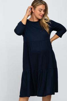 Details A ribbed tiered plus maternity midi dress featuring 3/4 sleeves and a rounded neckline. Content + Care 68% Polyester 28% Rayon 4% Spandex Hand Wash Cold, No Bleach, Color Separate, Hang Dry or Dry Clean USA Size + Fit Length: 47" Sleeve Length: 12" Measured From: 1X Product Code: 69186 Model Stats: Height: 5'9" Bust: 36" Hips: 46.5" Wearing Size: 1X Plus Size Maternity Dresses, Maternity Midi Dress, Stylish Mom, Pink Blush Maternity, Maternity Wear, Plus Size Pregnancy, Maternity Dresses, Maternity Clothes, Black Long Sleeve