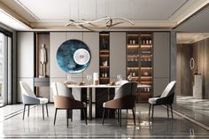 an elegant dining room with marble floors and walls